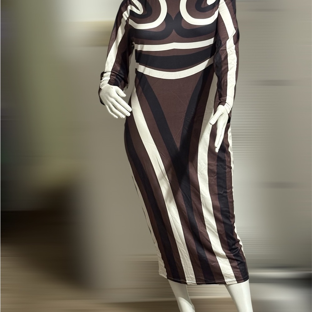 SHEIN Abstract Brown and Cream Long Sleeve Dress